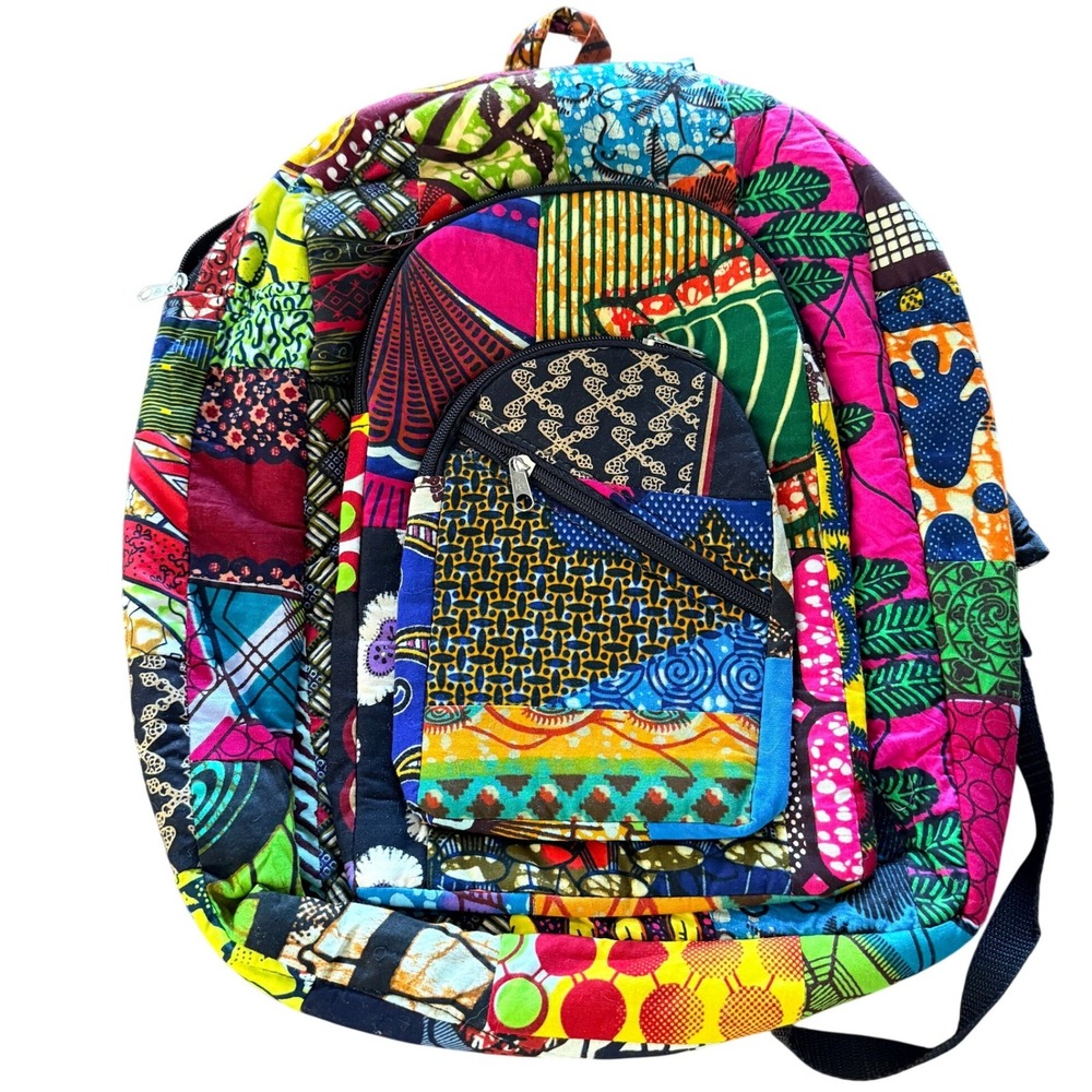 Vintage Quilted Patchwork Backpack African Wax Print Multi Color 17x13 Cotton